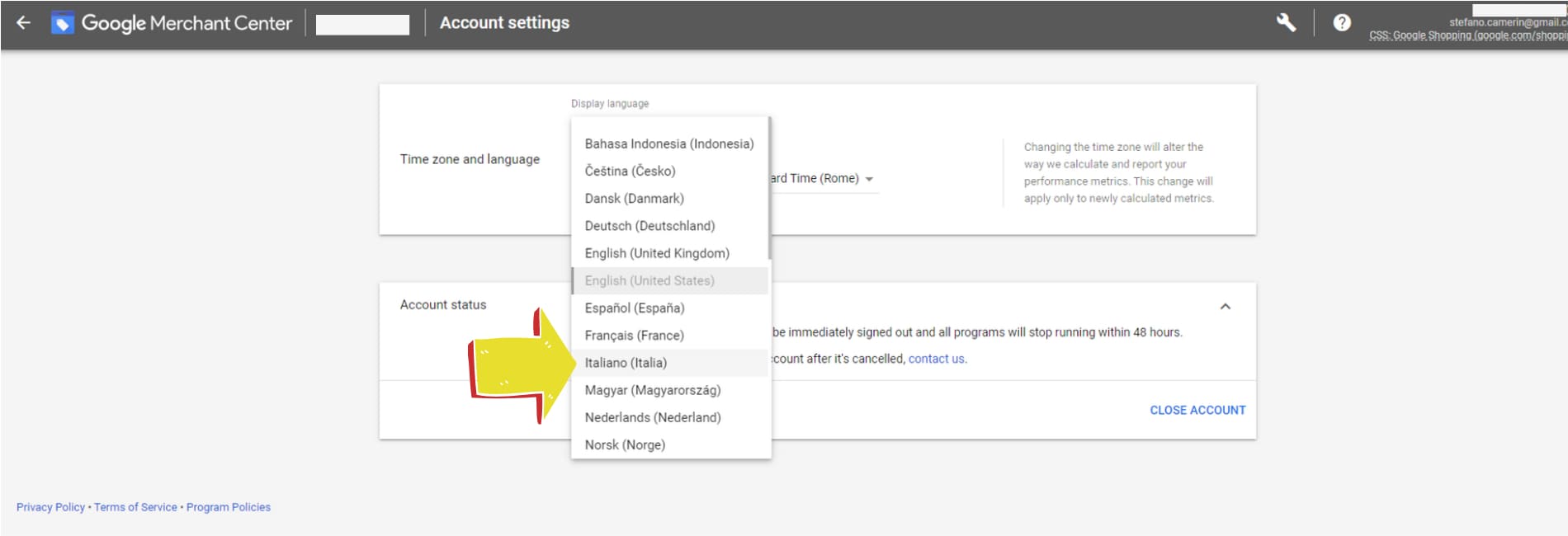 impostazione lingua italiana in Google Merchant Center