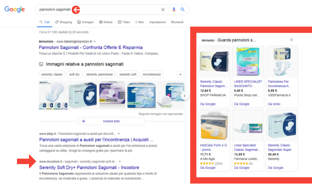 Visualizzazione da desktop della ricerca di Google Shopping per ricerca: pannoloni sagomati