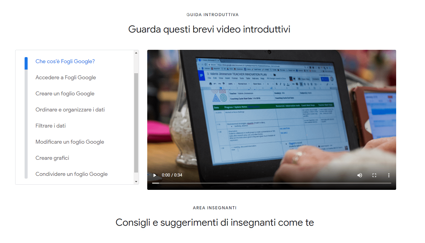  Screenshot pagina web del centro didattico Google Sheet per insegnati e alunni