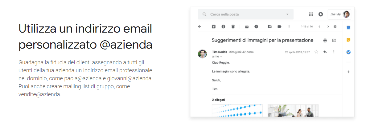 Screenshot della pagina Workspace Google Prodotti di Gmail: email personalizzata