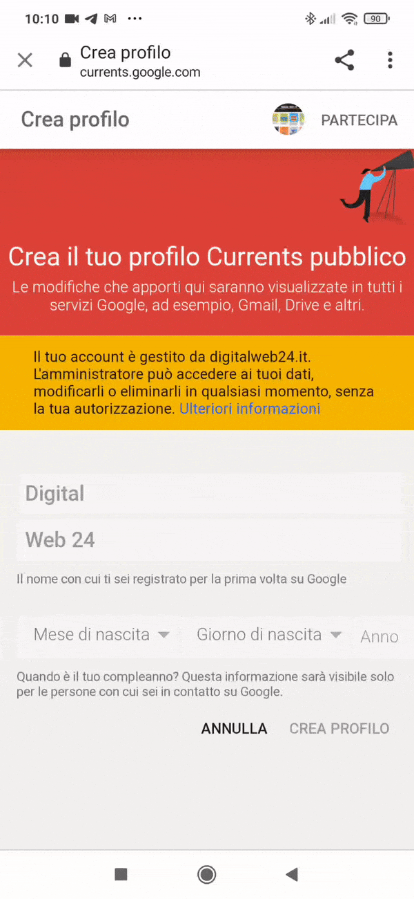 Esempio iscrizione Digital Web 24 da Smartphone per App Google Currents