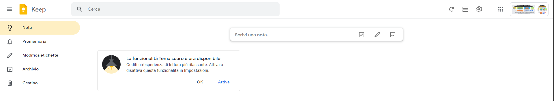 Keep scegliere la modalità a tema scuro OK o Attiva