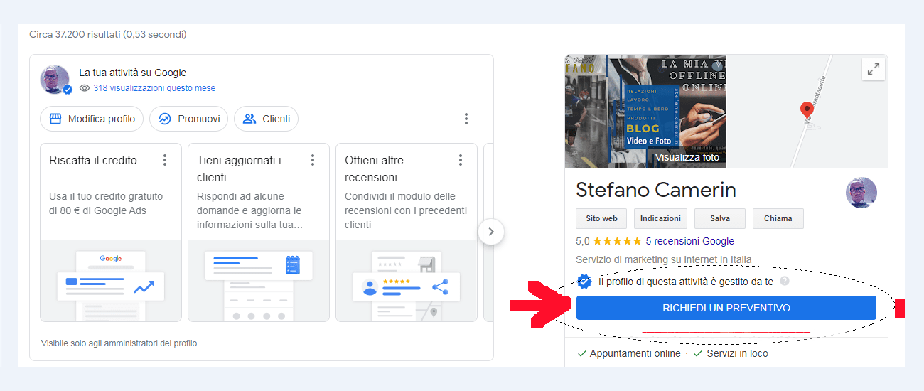 Screenshot lato vista Ricerca Google della scheda di Stefano Camerin con bottone Richiedi Preventivo