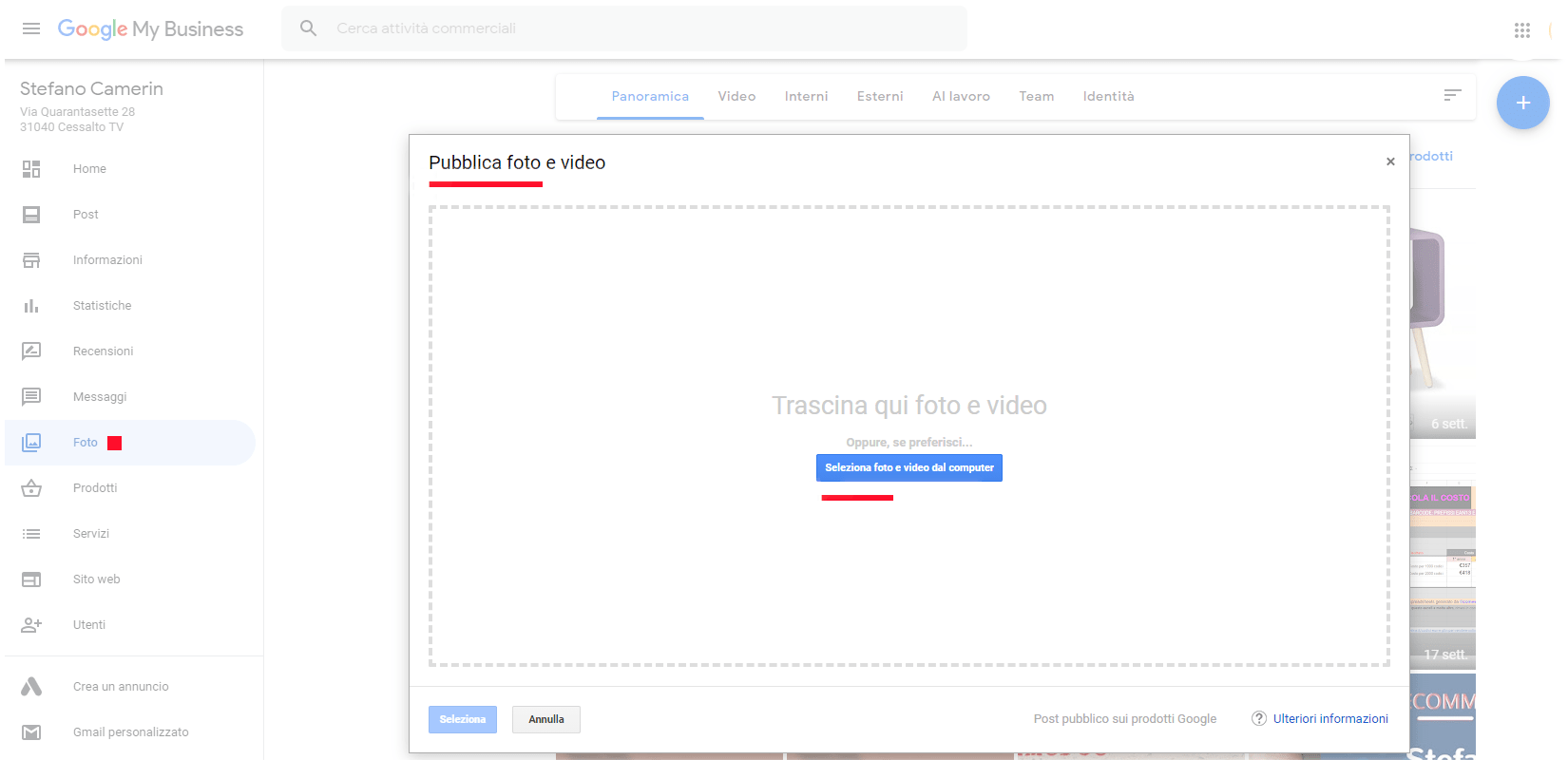 Schermata Google My Business screenshot per dove caricare immagini e video