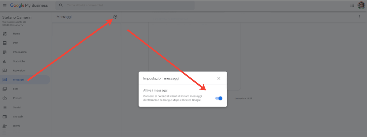 Screenshot schermata impostazioni messaggi Google My Business