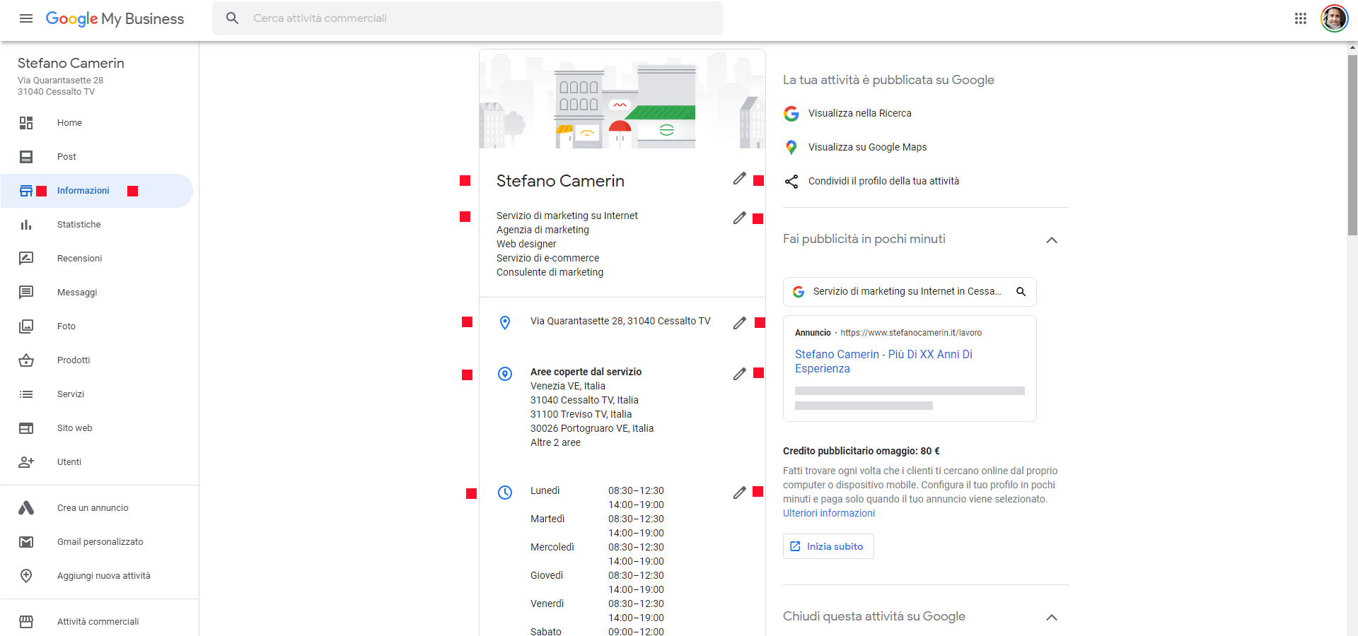 Screenshot della sezione sinistra di Google My Business per inserire informazioni aziendali