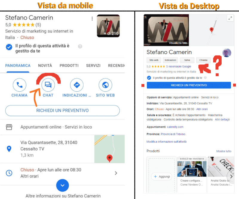 Scheda Google My Business di Stefano Camerin vista da Mobile e Desktop