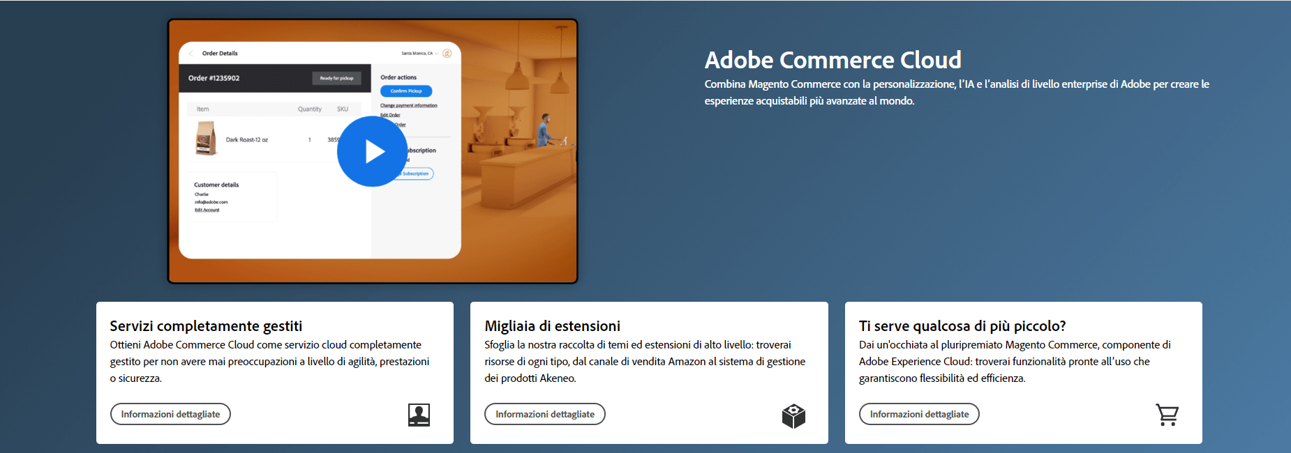 Screenshot pagina Adobe Commerce Cloud con presentazione Video