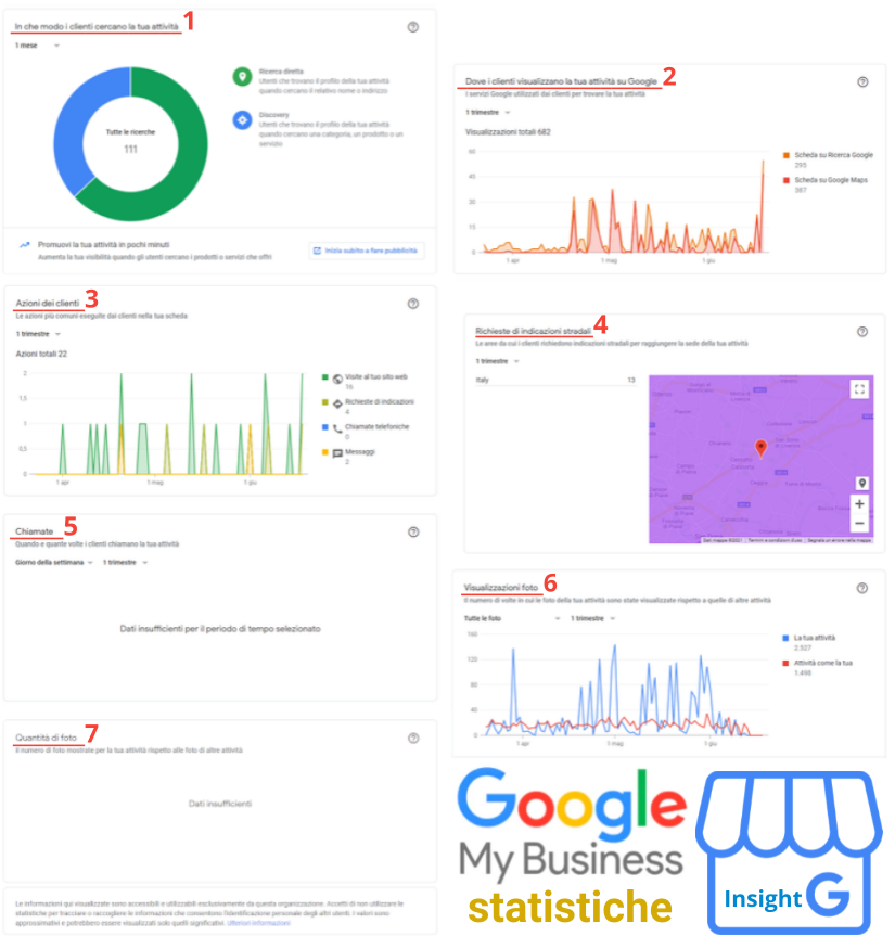 Infografica statistiche scheda Google My Business di Stefano Camerin: sezioni degli Insight Google