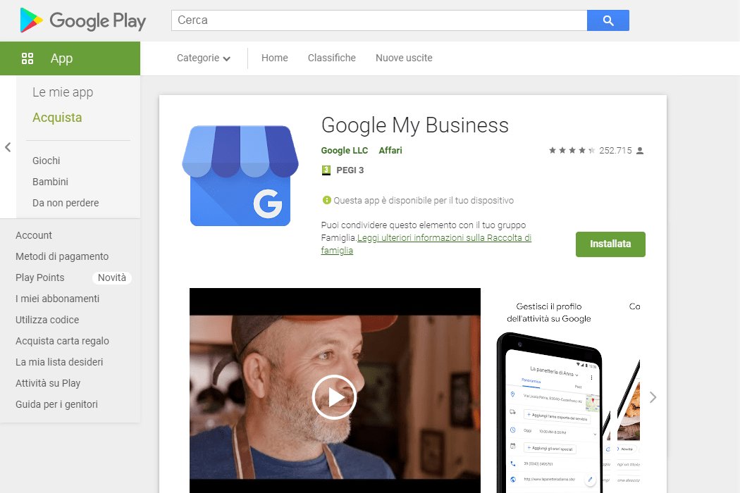 Screenshot Google Play Store per Android - App Google My Business