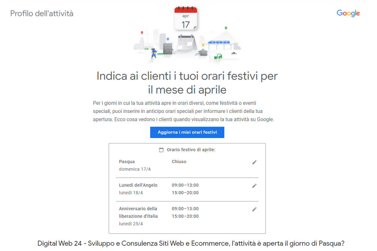 Esempio di avviso tramite email da Google Business Profile: indicare ai clienti gli orari festivi