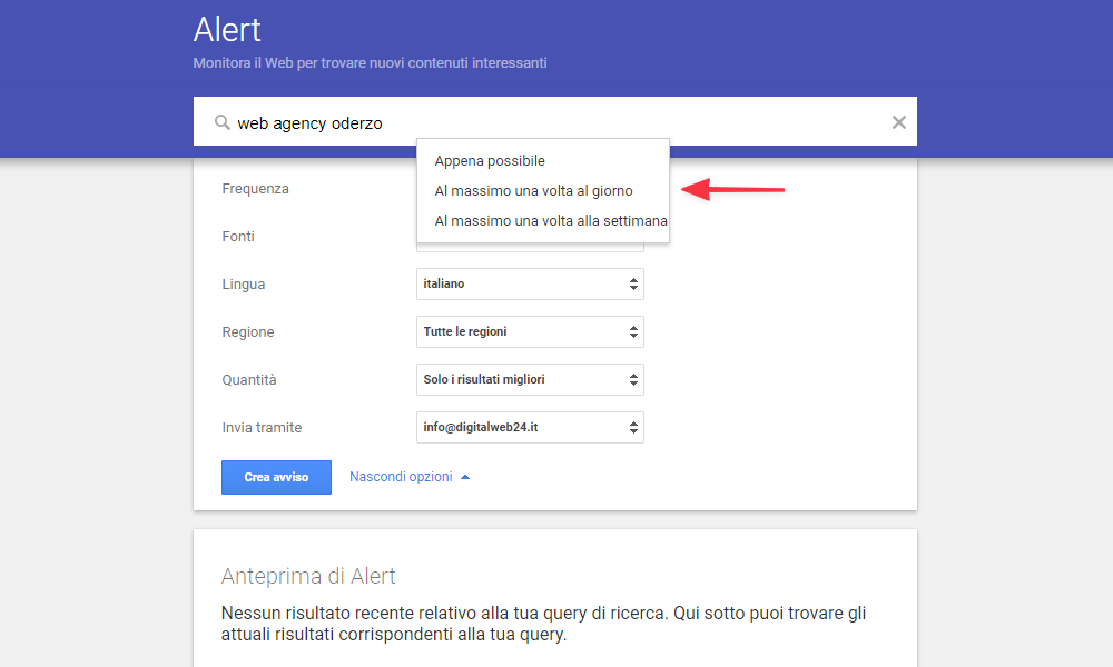 Google Alerts personalizza cadenza invio