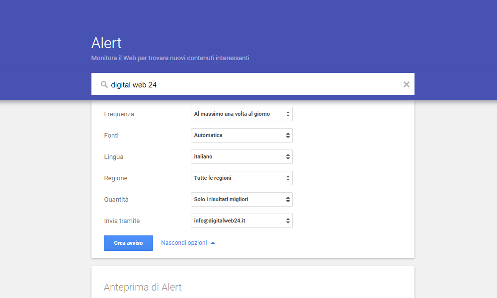 Personalizzazioni degli avvisi di Google Alerts