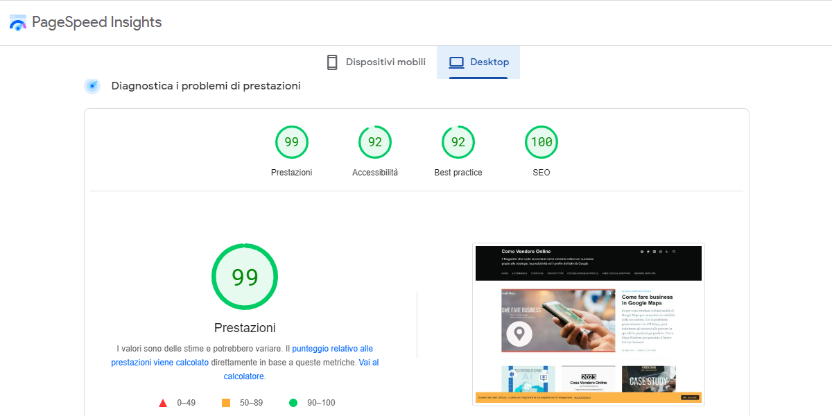 Velocita sito PageSpeed Insights per Come Vendere Online